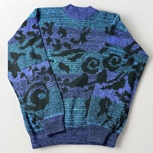 Vintage Permit Sweater 80s 90s Aztec Abstract Grandpa Geometric Size L Blue